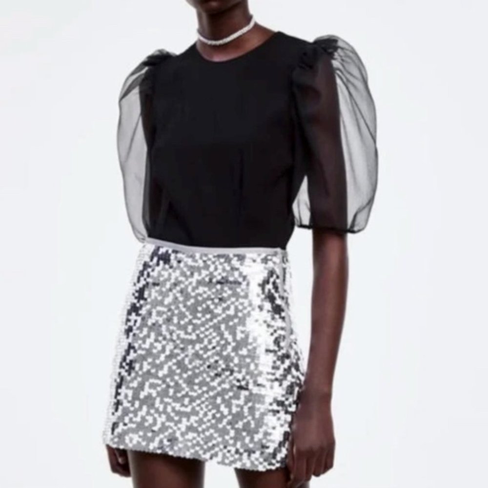 Zara Black Crepe Top with 3/4 Illusion Sleeves - Size XS